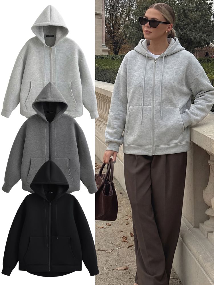 Embroidery Zip Up Hoodie - HH 2026 캐주얼 여성용 솔리드 지퍼