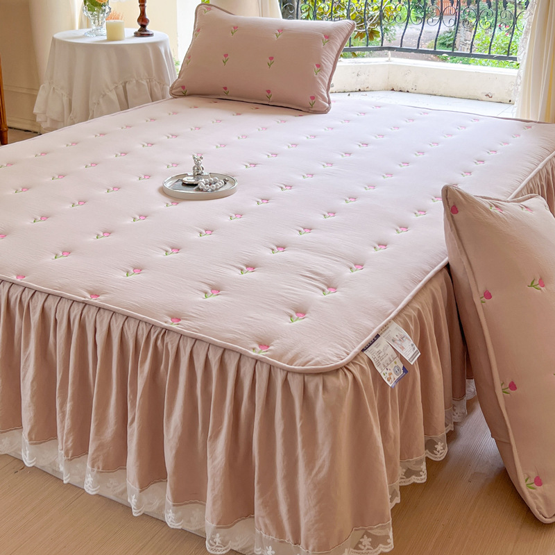 Embroidery Quilt Cover - 두꺼운 누빔 면 침대 스커트 세트와