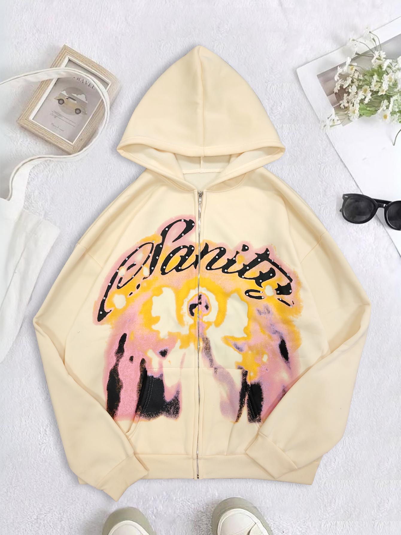 Embroidery Zip Up Hoodie - 미국 복고풍 가을, 겨울 하이 스트리트