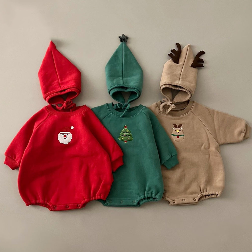 Embroidery Xmas Tree - 모자와 함께하는 아기 크리스마스 롬퍼 0-24개월