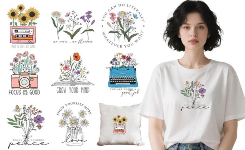 Embroidery Diy - 만화 꽃무늬 열전사 스티커 티셔츠 DIY