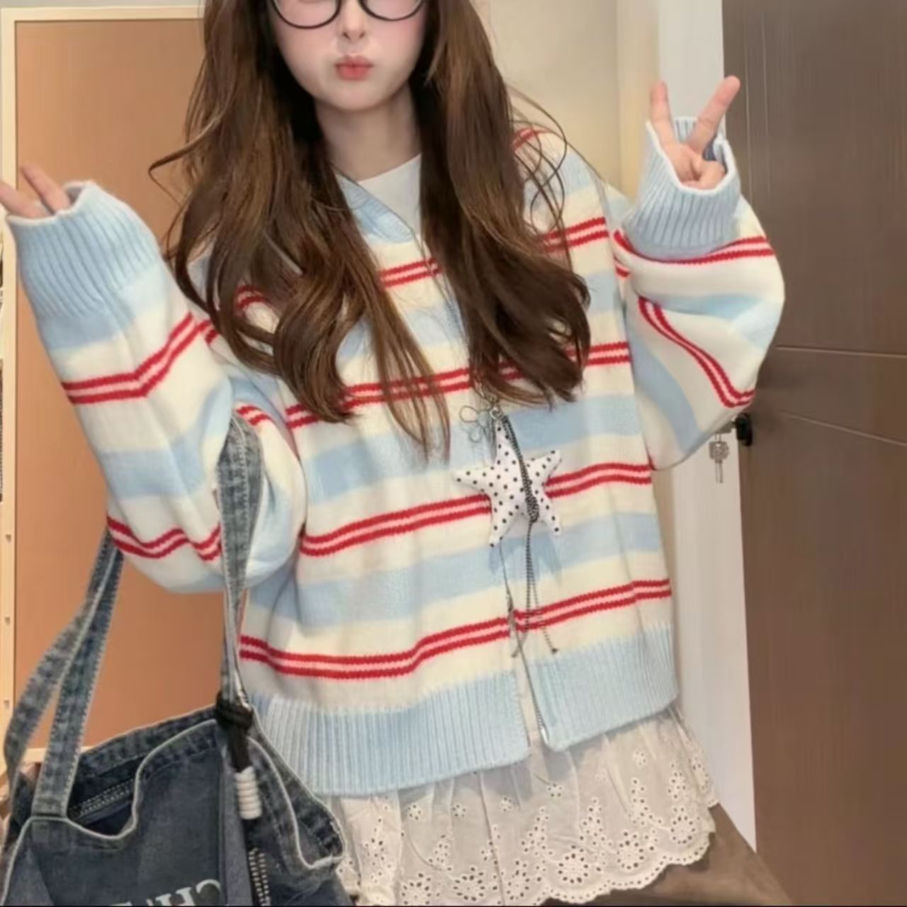 Embroidery Zip Up Hoodie - Y2K 프레피 여성 지퍼업 니트 가디건