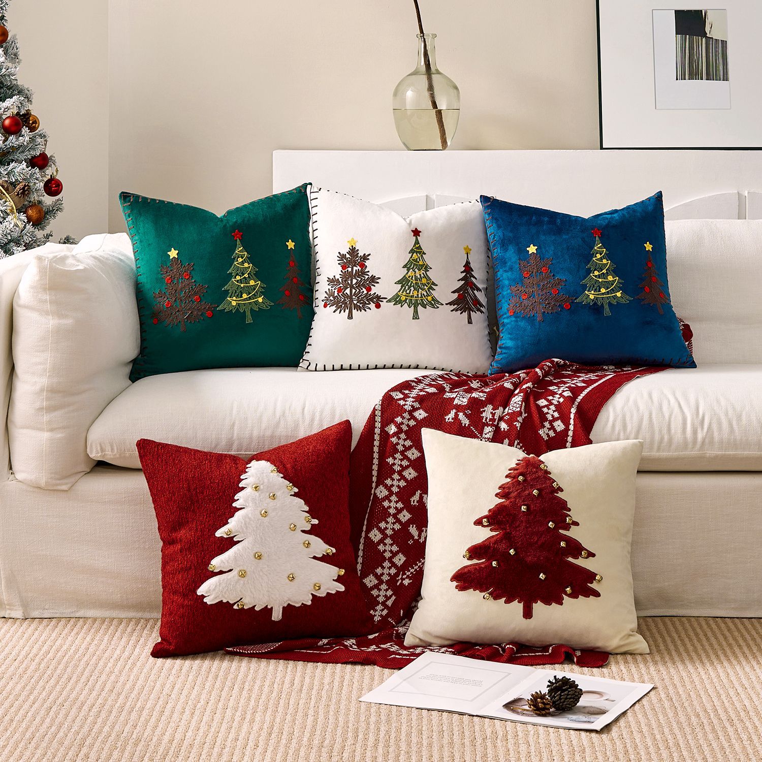 Embroidery Xmas Tree - 1개 자수 쿠션 커버 크리스마스 베개