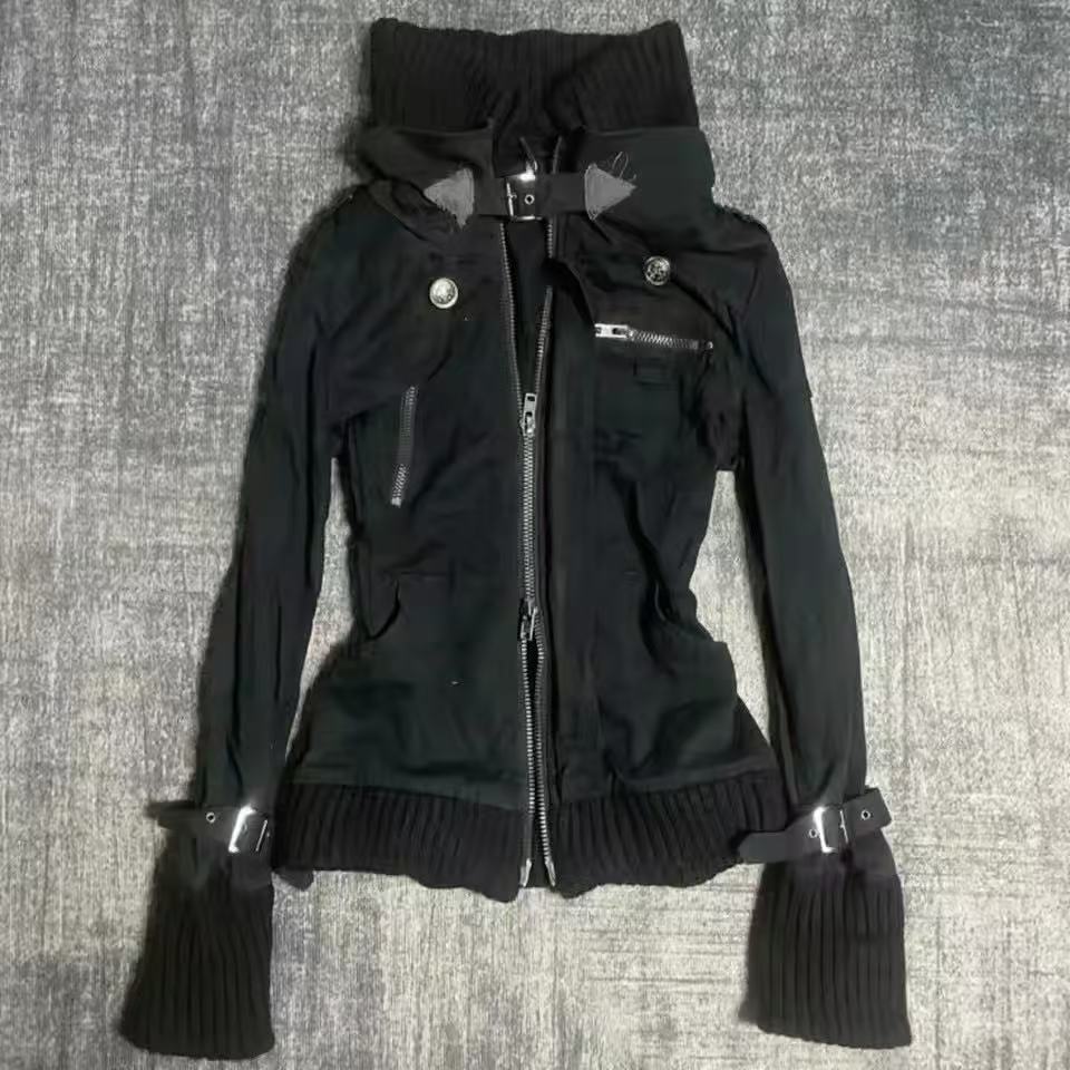 Embroidery Zip Up Hoodie - Y2K 고딕 블랙 슬림 더블 지퍼
