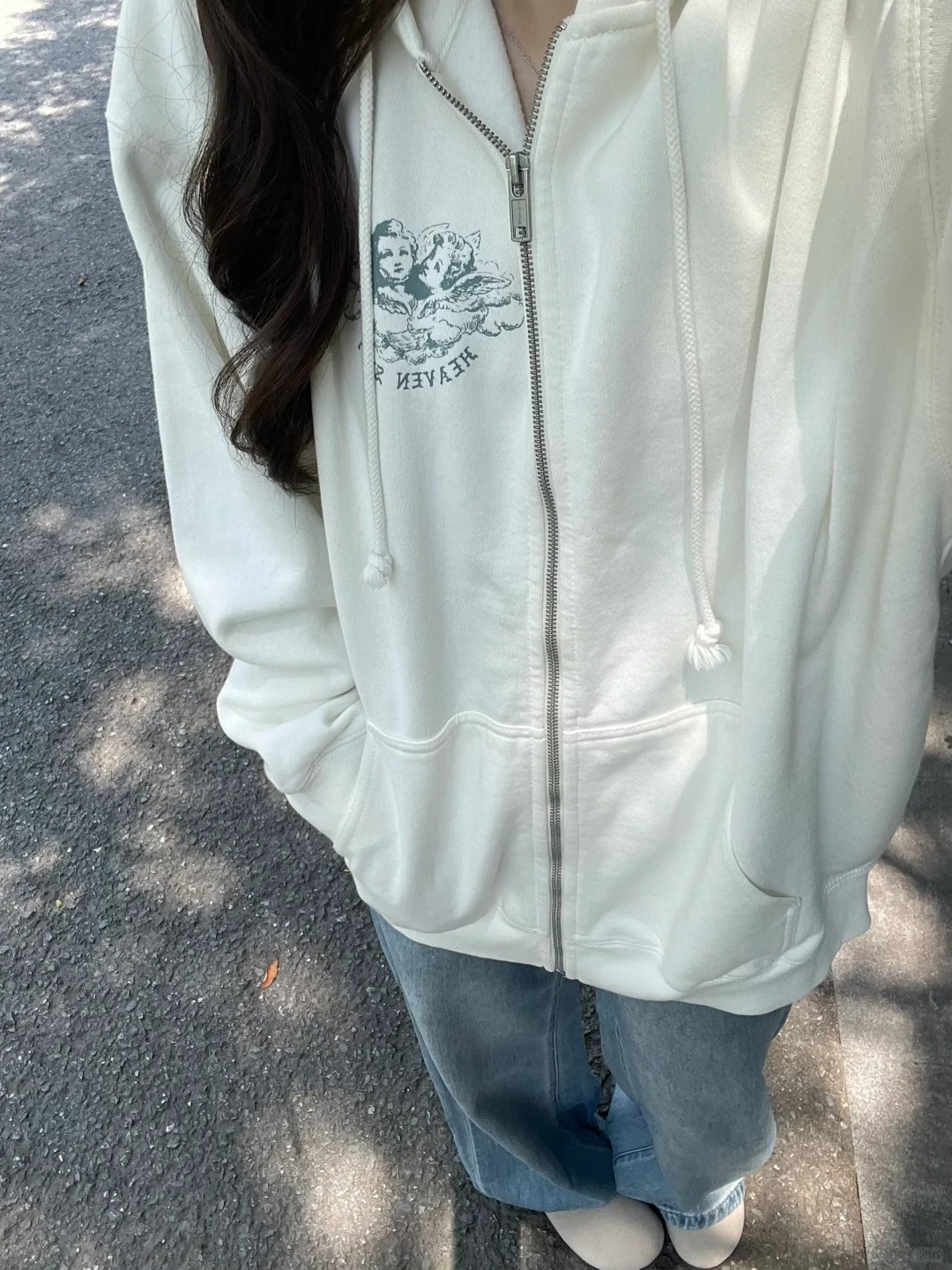 Embroidery Zip Up Hoodie - 포켓 지퍼업 스웨트셔츠 여성용 화이트 코튼
