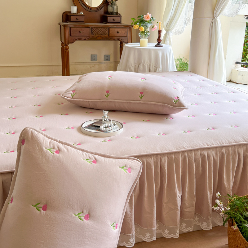 두꺼운 누빔 면 침대 스커트 세트와 베개 커버 자수 로 - Embroidery Quilt Cover 리뷰 및 가격