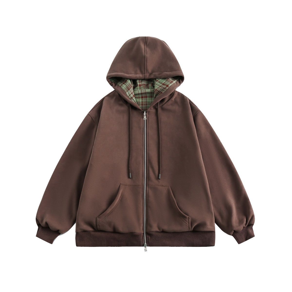 아메리칸 레트로 브라운 체크 무늬 후드 스웨트셔츠 여성 - Embroidery Zip Up Hoodie 리뷰 및 가격