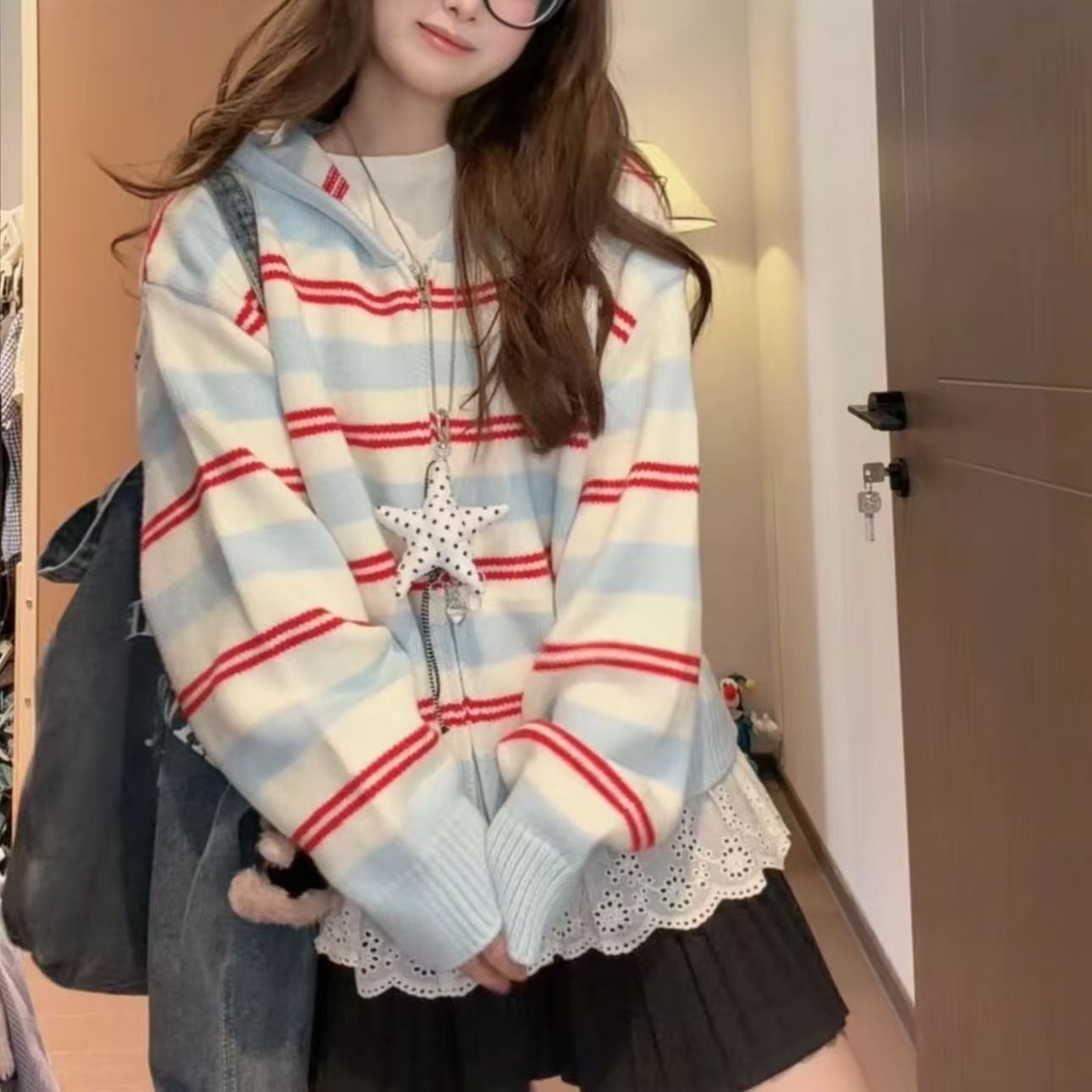 Y2K 프레피 여성 지퍼업 니트 가디건 후드티 대비 스 - Embroidery Zip Up Hoodie 리뷰 및 가격