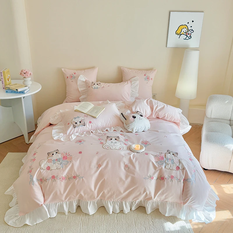 핑크 순수 코튼 귀여운 만화 고양이 자수 3/4Pcs  - Embroidery Quilt Cover 리뷰 및 가격