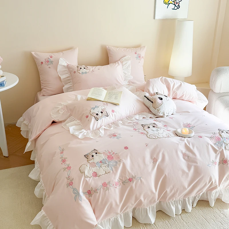 핑크 순수 코튼 귀여운 만화 고양이 자수 3/4Pcs  - Embroidery Quilt Cover 리뷰 및 가격