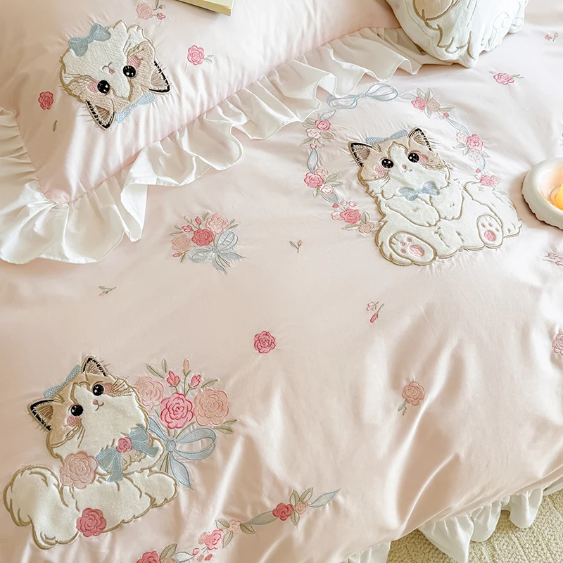 핑크 순수 코튼 귀여운 만화 고양이 자수 3/4Pcs  - Embroidery Quilt Cover 리뷰 및 가격
