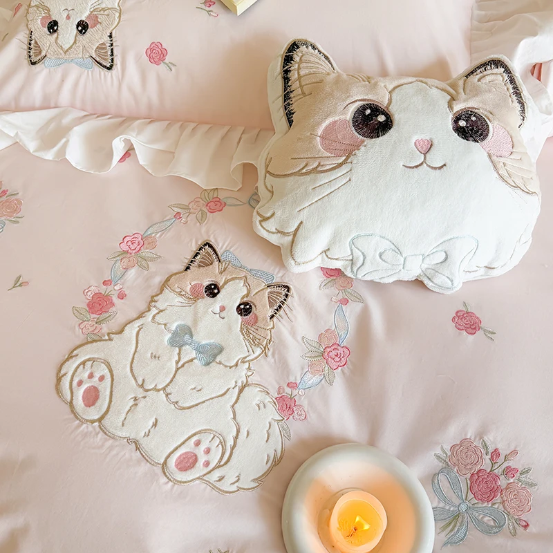핑크 순수 코튼 귀여운 만화 고양이 자수 3/4Pcs  - Embroidery Quilt Cover 리뷰 및 가격