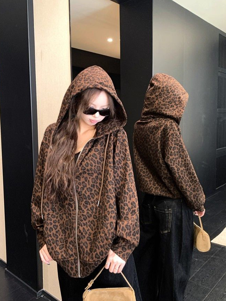 여성 Y2K 레오파드 후드티 스트리트웨어 루즈 하라주쿠 - Embroidery Zip Up Hoodie 리뷰 및 가격