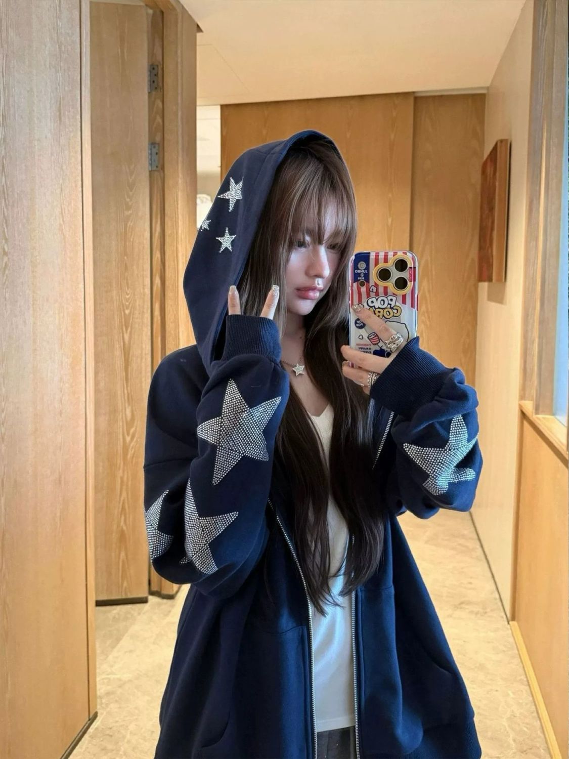 한국 빈티지 네이비 블루 스타 라인스톤 자수 지퍼업 후 - Embroidery Zip Up Hoodie 리뷰 및 가격